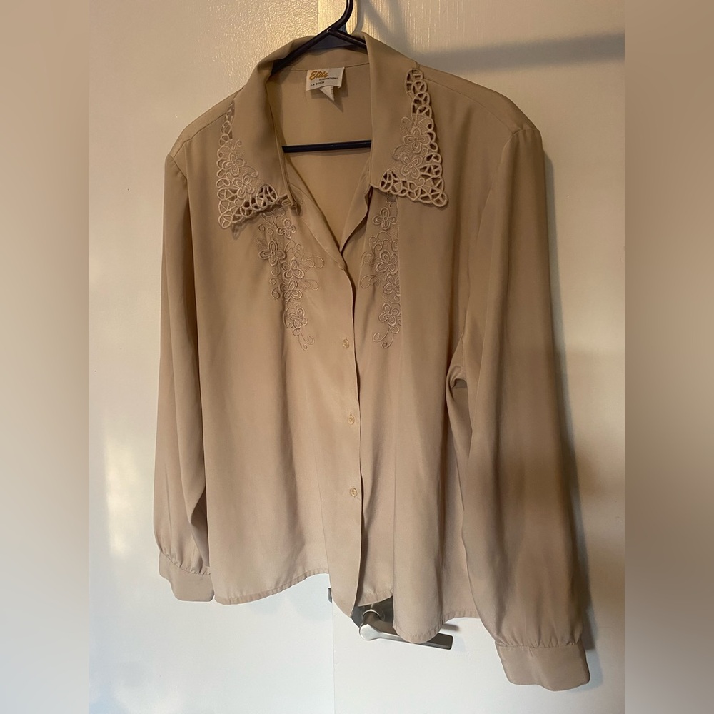 Vintage Beige Button Down Shirt with Lace Detail